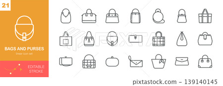 Bags and Purses Vector Icons Set. Fashion Accessories, Handbags, Wallets, Clutches, Shopper Bags and Luxury Purse Collection. Editable Linear Pack. Bags and Purses Vector Icons Set. Fashion Accessories, Handbags, Wallets, Clutches, Shopper Bags and Luxury Purse Collection. Editable Linear Pack. 139140145