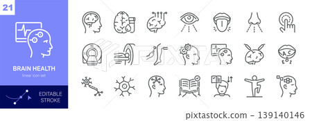 Brain Health Vector Icons Set. Neurology, Mental Wellness, Memory, Senses, Learning, Therapy and Cognitive Function. Editable Linear Collection. Brain Health Vector Icons Set. Neurology, Mental Wellness, Memory, Senses, Learning, Therapy and Cognitive Function. Editable Linear Collection. 139140146