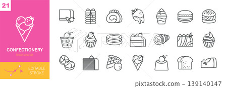 Confectionery Vector Icons Set. Sweet Desserts, Pastry, Cake, Cupcake, Cookie, Candy, Ice Cream and Bakery Treats. Editable Linear Pack. Confectionery Vector Icons Set. Sweet Desserts, Pastry, Cake, Cupcake, Cookie, Candy, Ice Cream and Bakery Treats. Editable Linear Pack. 139140147