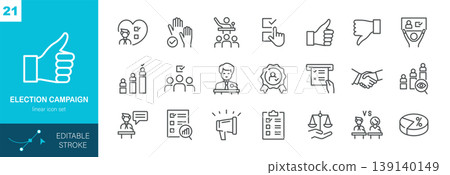 Election Campaign Vector Icons Set. Voting, Polls, Candidate, Debate, Ballot, Public Opinion, Political Strategy and Democracy. Editable Linear Pack. 139140149