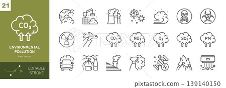Environmental Pollution Vector Icons Set. Air Pollution, CO2 Emissions, Toxic Waste, Smog, Radiation, Industry and Climate Problem. Editable Linear Collection. Environmental Pollution Vector Icons Set. Air Pollution, CO2 Emissions, Toxic Waste, Smog, Radiation, Industry and Climate Problem. Editable Linear Collection. 139140150