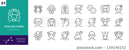 Fear and Phobia Vector Icons Set. Anxiety, Panic, Stress, Trauma, Mental Health Symptoms, Therapy and Emotional Disorder. Editable Linear Pack. 139140152