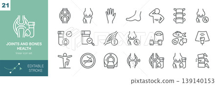 Joints and Bones Health Vector Icons Set. Orthopedics, Arthritis, Knee Pain, Spine Care, Injury, Treatment and Healthy Lifestyle. Editable Linear Collection. Joints and Bones Health Vector Icons Set. Orthopedics, Arthritis, Knee Pain, Spine Care, Injury, Treatment and Healthy Lifestyle. Editable Linear Collection. 139140153