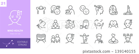 Mind Health Vector Icons Set. Mental Wellness, Positive Thinking, Meditation, Stress Relief, Therapy, Brain Care and Healthy Lifestyle. Editable Linear Collection. Mind Health Vector Icons Set. Mental Wellness, Positive Thinking, Meditation, Stress Relief, Therapy, Brain Care and Healthy Lifestyle. Editable Linear Collection. 139140155