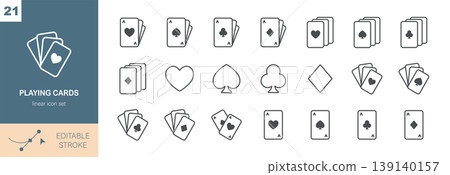 Playing Cards Vector Icons Set. Poker, Casino Game, Card Suits, Ace Cards, Hearts, Spades, Clubs and Diamonds. Editable Linear Pack. Playing Cards Vector Icons Set. Poker, Casino Game, Card Suits, Ace Cards, Hearts, Spades, Clubs and Diamonds. Editable Linear Pack. 139140157