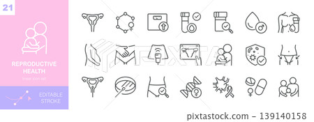 Reproductive Health Vector Icons Set. Fertility, Pregnancy Care, Gynecology, Hormones, Ultrasound, Diagnosis and Family Planning. Editable Linear Collection. Reproductive Health Vector Icons Set. Fertility, Pregnancy Care, Gynecology, Hormones, Ultrasound, Diagnosis and Family Planning. Editable Linear Collection. 139140158