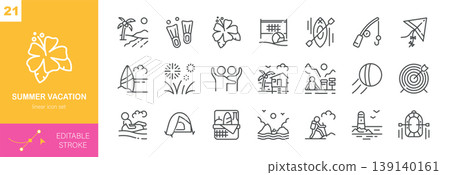Summer Vacation Vector Icons Set. Beach Holiday, Travel, Camping, Surfing, Fishing, Outdoor Activities and Tropical Recreation. Editable Linear Pack. 139140161