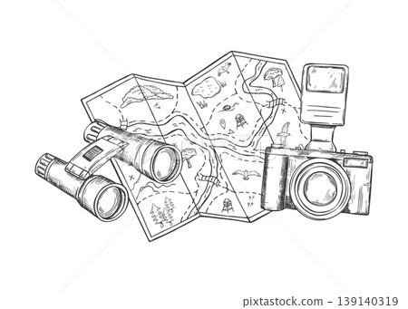 Hand drawn binoculars, world map and professional camera vector sketch. Tourist equipment etching drawing. Travel and adventure exploration gear illustration for nature hiking journey. Hand drawn binoculars, world map and professional camera vector sketch. Tourist equipment etching drawing. Travel and adventure exploration gear illustration for nature hiking journey. 139140319