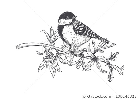 Chickadee bird perched on a flowering branch. Hand drawn ink sketch of a small songbird on a blooming tree. Artistic botanical illustration for nature decor, spring garden design. Chickadee bird perched on a flowering branch. Hand drawn ink sketch of a small songbird on a blooming tree. Artistic botanical illustration for nature decor, spring garden design. 139140323