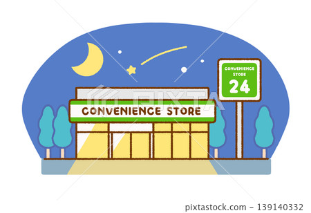 Illustration of a convenience store exterior at night | 24-hour operation, store, building Illustration of a convenience store exterior at night | 24-hour operation, store, building 139140332