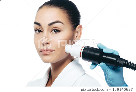 doctor doing an acoustic wave therapy to a woman. Skin rejuvenation with acoustic waves. Portrait women on a white background doctor doing an acoustic wave therapy to a woman. Skin rejuvenation with acoustic waves. Portrait women on a white background 139140657