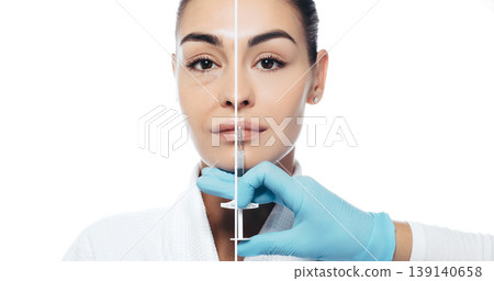 woman advertises effect of skin rejuvenation. Face before and after, with wrinkles and without wrinkles woman advertises effect of skin rejuvenation. Face before and after, with wrinkles and without wrinkles 139140658