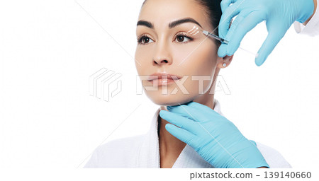 woman advertises the effect of facial rejuvenation. Lifting arrows near the eyes. Isolate on white background woman advertises the effect of facial rejuvenation. Lifting arrows near the eyes. Isolate on white background 139140660
