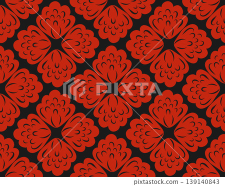 Vector seamless pattern of red tracery floral mandalas on black background. Texture with decorative floral rosettes. 139140843