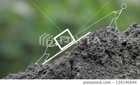 Cartoon illustration of stickmen working together to push and pull block up a hill isolated on bokeh green background. Concept of a difficult business task that requires good teamwork and hard work 139140844