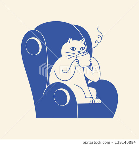 Cute blue cat sitting in armchair and drinking coffee from a cup. Cozy illustration. 139140884