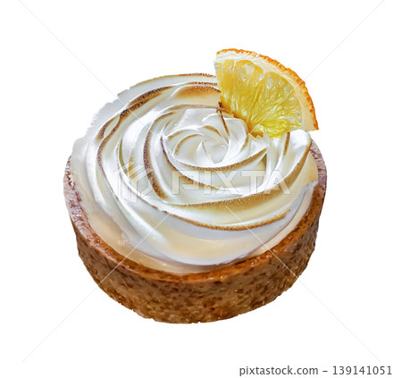 Tartlet with lemon curd and meringue isolated on white background with clipping path. 139141051