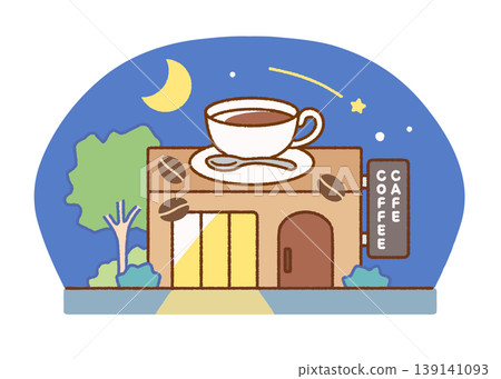 Exterior illustration of a cafe/coffee shop at night | Stores, buildings, late-night business hours Exterior illustration of a cafe/coffee shop at night | Stores, buildings, late-night business hours 139141093