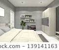 Modern minimalist master bedroom interior design featuring soft maple wood furniture and grey wallpaper accents. 139141163