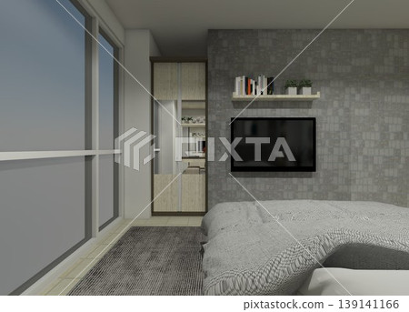 Minimalist corner wardrobe and storage solution in soft maple wood finish for bedroom interiors. Minimalist corner wardrobe and storage solution in soft maple wood finish for bedroom interiors. 139141166