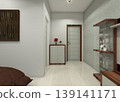 Rustic interior 3D rendering of a wooden credenza and glass display cabinet. 139141171
