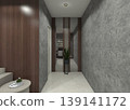 Industrial interior 3D rendering of decorative wall paneling featuring dark brown wood textures and grey mirror accents. 139141172
