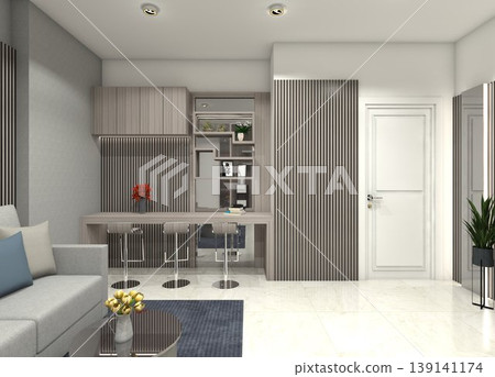 Modern minimalist home bar design for living room interiors, featuring a sleek breakfast bar for three. Modern minimalist home bar design for living room interiors, featuring a sleek breakfast bar for three. 139141174