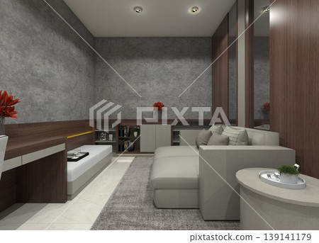 Industrial interior 3D rendering of a multifunctional living room featuring dark brown wood textures and raw cement wallpaper. Industrial interior 3D rendering of a multifunctional living room featuring dark brown wood textures and raw cement wallpaper. 139141179