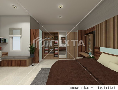 Rustic master bedroom interior 3D rendering featuring rich natural wood grain textures. Rustic master bedroom interior 3D rendering featuring rich natural wood grain textures. 139141181