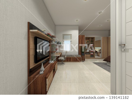 Rustic master bedroom interior 3D rendering featuring an integrated TV cabinet and sliding wardrobe. Rustic master bedroom interior 3D rendering featuring an integrated TV cabinet and sliding wardrobe. 139141182