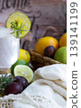 Soft lemonade drink specially made for a hot day with fresh fruits in the background.Vertical picture 139141199