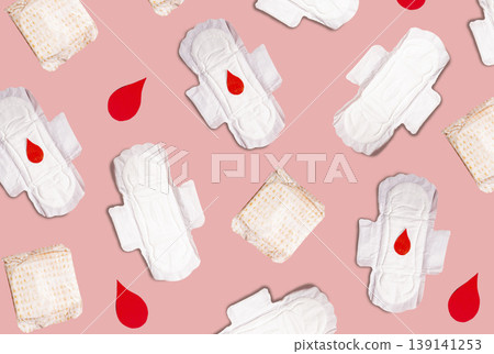 Seamless pattern on pink background. Illustration of female critical day and hygiene accessories. Conceptual image of menstruation and woman health topics Seamless pattern on pink background. Illustration of female critical day and hygiene accessories. Conceptual image of menstruation and woman health topics 139141253