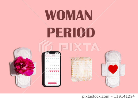 Women Menstrual pads with red blood, calendar of menstruation and alarm clock on pink background. Woman period of critical days. Space for text 139141254