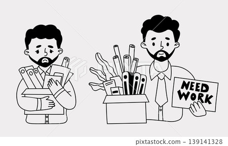 Unemployment and Job Seeking. Sad Fired Man Holding Box of Office Supplies and Need Work Sign. Isolated Outline Doodle hand-drawn. Vector illustration Unemployment and Job Seeking. Sad Fired Man Holding Box of Office Supplies and Need Work Sign. Isolated Outline Doodle hand-drawn. Vector illustration 139141328