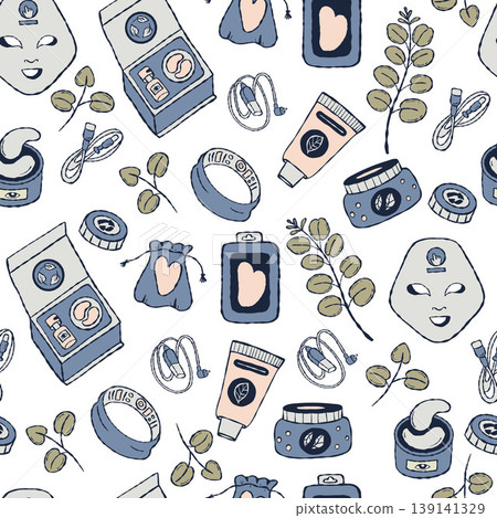 Tech Wellness Trend Seamless Pattern. LED Face Mask and Charging Cables, Gua Sha, Cosmetics, Skin Care, Modern Biohacking Gadgets and Facial Light Therapy on White Background. Vector Illustration Tech Wellness Trend Seamless Pattern. LED Face Mask and Charging Cables, Gua Sha, Cosmetics, Skin Care, Modern Biohacking Gadgets and Facial Light Therapy on White Background. Vector Illustration 139141329