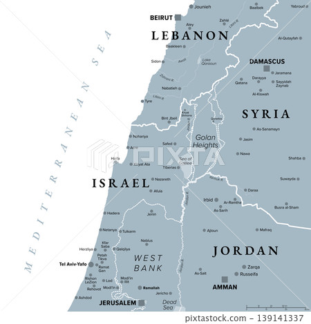 Southern Lebanon and northern Israel, gray political map. Disputed areas in the Middle East, including the Golan Heights, and parts of Syria and Jordan, with borders and largest cities. Vector 139141337