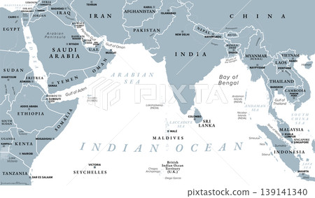 North Indian Ocean, gray political map with countries, international borders, and capitals. Tropical marine region, comprising Arabian Sea to the west of India and Bay of Bengal to the east. Vector 139141340