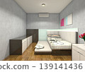 Modern minimalist kids' bedroom interior featuring a space-saving trundle bed design with wood grain finishes and blue glasstone accents. 139141436