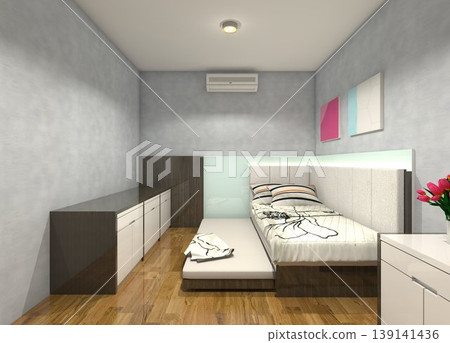 Modern minimalist kids' bedroom interior featuring a space-saving trundle bed design with wood grain finishes and blue glasstone accents. Modern minimalist kids' bedroom interior featuring a space-saving trundle bed design with wood grain finishes and blue glasstone accents. 139141436