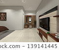 Rustic elegant master bedroom interior featuring a custom vanity desk and TV cabinet unit. 139141445