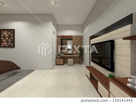 Rustic elegant master bedroom interior featuring a custom vanity desk and TV cabinet unit. 139141445