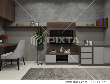 Modern rustic TV cabinet and integrated workspace interior design with earthy brown wood grain and grey finishes. 139141446