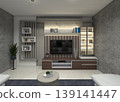 Luxurious modern TV cabinet interior design with grey finishes and warm wood grain accents. 139141447