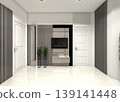 Modern minimalist TV cabinet design with grey wood grain finish and matte black accents. 139141448