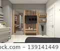 Minimalist rustic TV wall panel design featuring natural oak wood finishes and grey mirror accents. 139141449