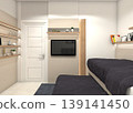 Modern minimalist TV wall panel for small bedroom interiors, featuring light beige wood grain and oak wood accents. 139141450