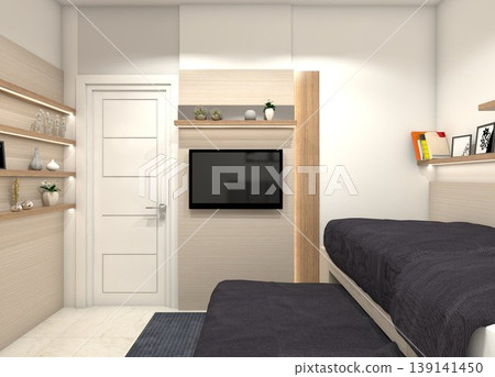 Modern minimalist TV wall panel for small bedroom interiors, featuring light beige wood grain and oak wood accents. Modern minimalist TV wall panel for small bedroom interiors, featuring light beige wood grain and oak wood accents. 139141450