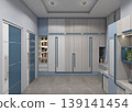 Modern boys' walk-in closet and playroom interior design featuring a custom wardrobe with open shelving and drawers. 139141454