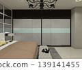Modern master bedroom interior design featuring a large 6-door wardrobe in white and dark brown wood finishes. 139141455