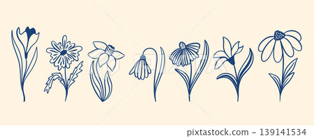 Hand-drawn wildflowers set Vector elements 139141534